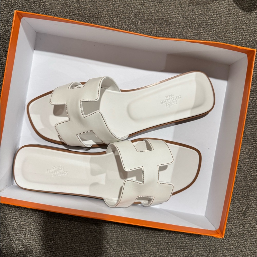 Hermes White Leather Sandals with H-Cutout Design